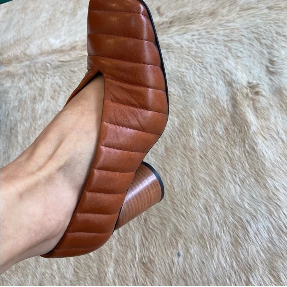 Halmanera Italy well man crafted leather quilted padded square toe cognac pump - Picture 15 of 16